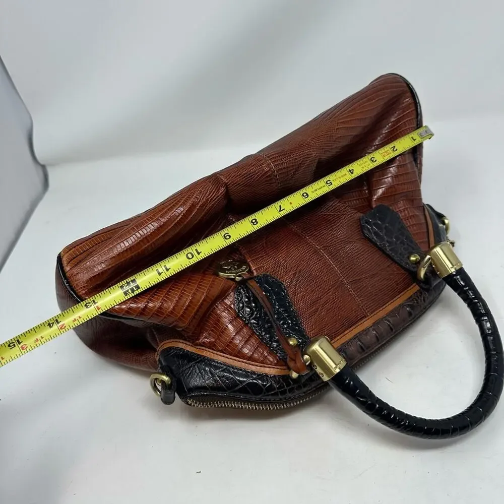 Brahmin Lisa Satchel Bag Cognac Tri-Texture Croc Lizard Brown Gold Tone